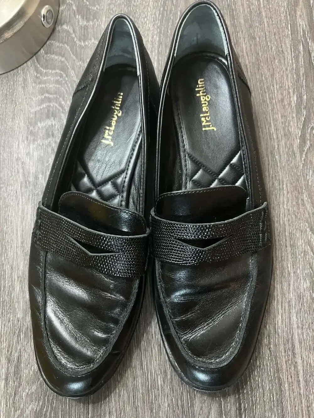 J.McLaughlin Black Leather Penny Loafers with Crinkle Strap Detail Size 9